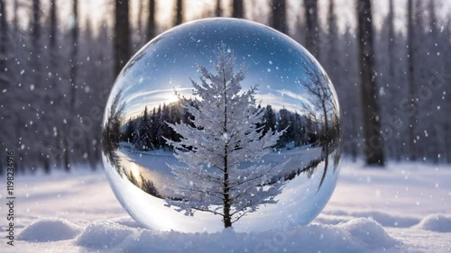 Crystal ball, snowball with snowy Christmas tree inside. Animation of christmas snowflakes falling over snow globe on blured background. 4K Video