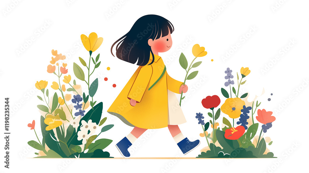 Cartoon illustration of children outing in spring
Cartoon illustration of children outing in spring