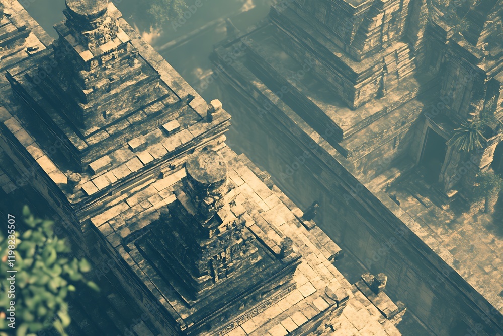 Obraz premium Aerial View of Ancient Stone Temple Ruins, Mystical Haze, Southeast Asia