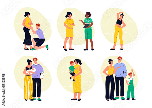 Pregnancy and motherhood set. Man near young girl with big belly. Happy family with baby. Parenthood and childhood, motherhood. Flat vector collection