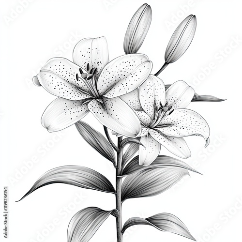 Monochrome Lily Flower Botanical Illustration: Elegant Black and White Floral Drawing, Nature Art Print photo