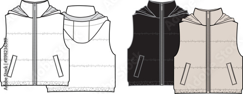 Unisex Hooded Puffer Gilet. Vest technical fashion illustration. Front, white, black, grey, and beige color. Unisex CAD mock-up.