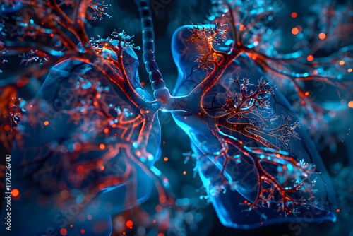 Detailed Illustration of Human Lungs Highlighting Bronchial Tree and Alveoli Structures with Blood Flow photo