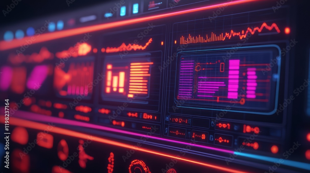 Futuristic Digital Interface Display with Colorful Graphs, Charts, and Data Visualizations in Neon Lights for Technology and Innovation Concepts Futuristic Digital Interface Display with Colorful Graphs, Charts, and Data Visualizations in Neon Lights for Technology and Innovation Concepts