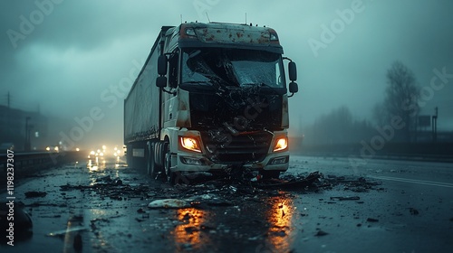 Damaged truck on foggy highway at night. Accident scene.  Use Insurance, news