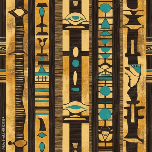 Ancient Egyptian Hieroglyphs: A repeating pattern of stylized ancient Egyptian hieroglyphs in shades of gold, brown, and turquoise creates a sense of mystery and historical significance.