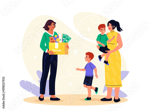 Volunteers with kids. Woman with box with toys near children. Support for poor and needy. Generosity, charity and kindness. Charitable organizations volunteer. Flat vector illustration