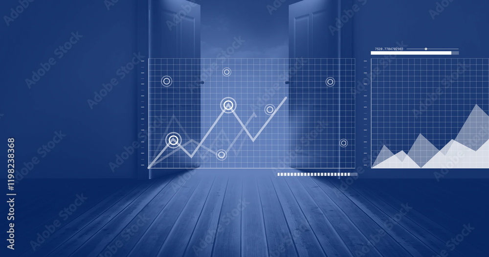 Naklejka premium Image of interface charts processing data over open doors in blue room