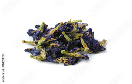 Pile of butterfly pea flower tea isolated on white photo