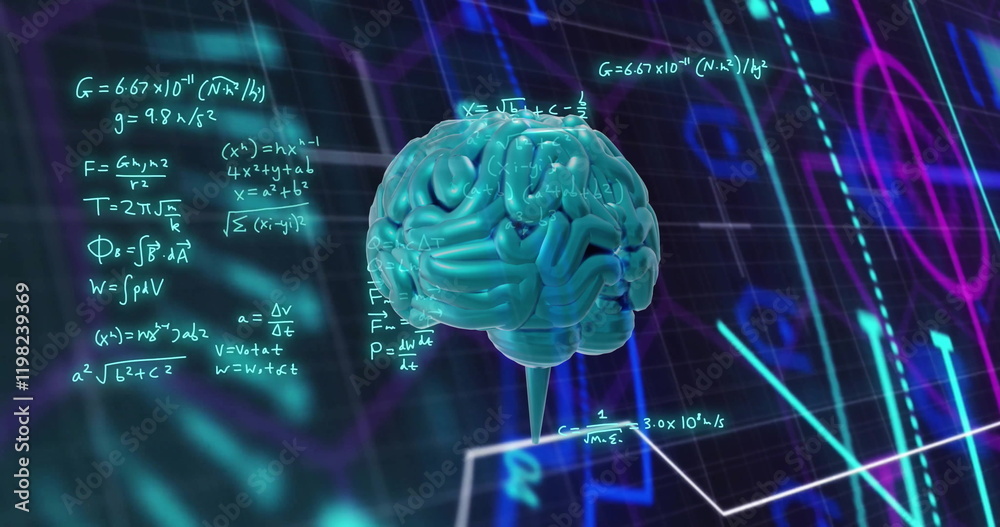 Image of mathematical equations and glowing scanner over brain on black background Image of mathematical equations and glowing scanner over brain on black background