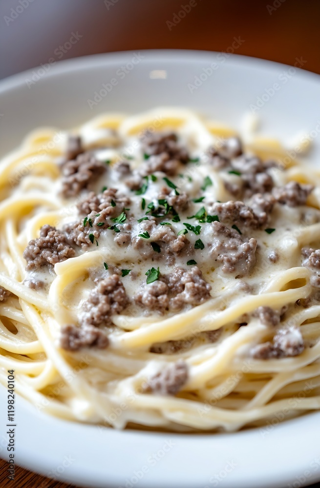 Delicious Creamy Spaghetti Alfredo with Ground Beef and Fresh Herb Garnish : Generative AI Delicious Creamy Spaghetti Alfredo with Ground Beef and Fresh Herb Garnish : Generative AI