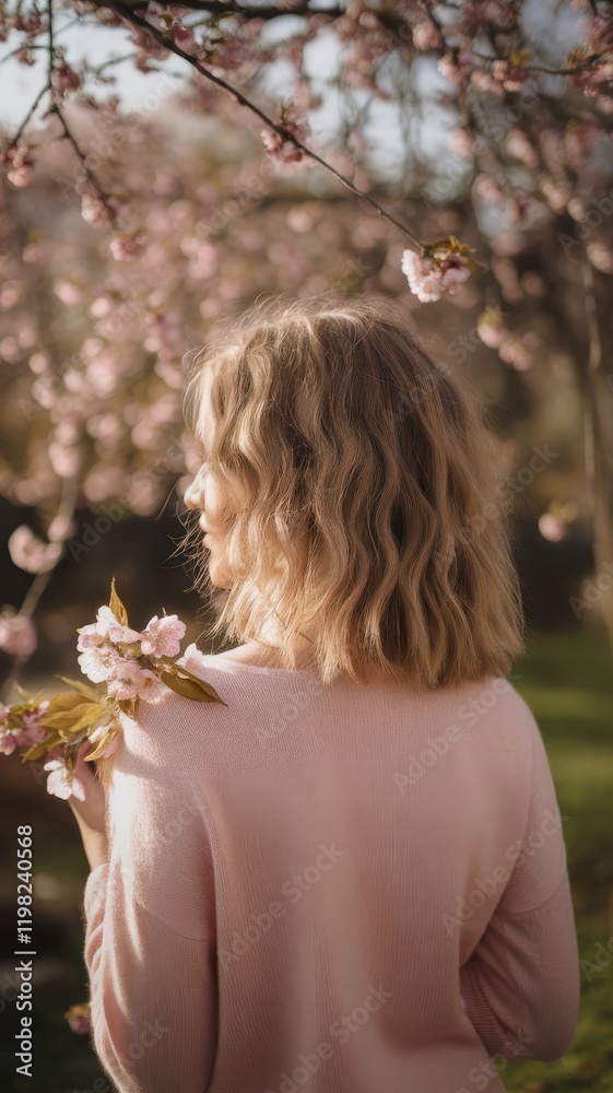 Naklejka premium A young Caucasian woman with wavy blonde hair stands in a blooming garden, holding cherry blossoms, radiating serenity and the beauty of spring.
