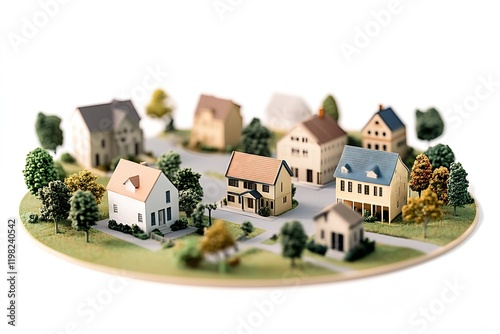 Idyllic Miniature Neighborhood Display with Quaint Homes and Verdant Parklike Setting : Generative AI photo