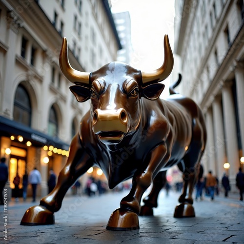 Charging bronze bull statue in a city street Powerful symbol of financial markets photo