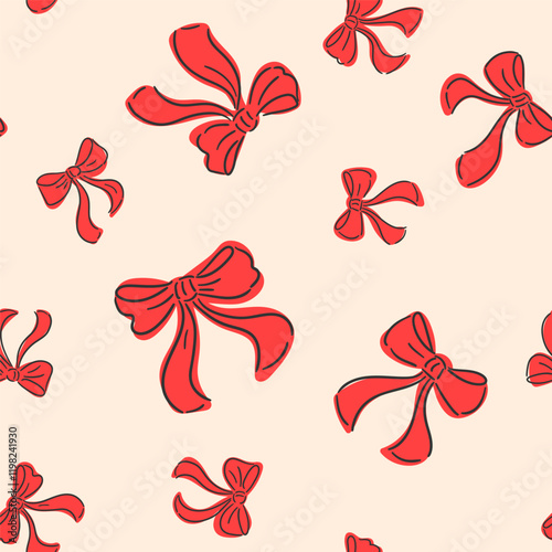 Seamless pattern with abstract red ribbons. Vector flat background with bows in retro style. Coquette and balletcore aesthetic