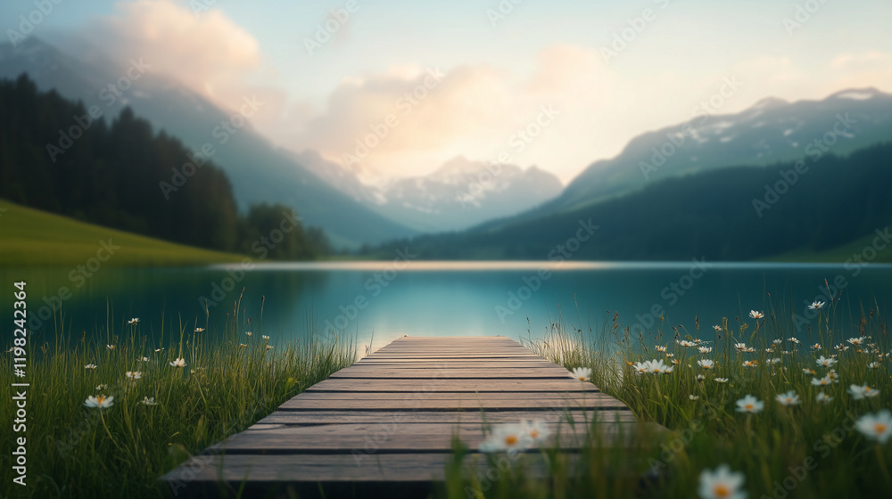 serene wooden dock extends into tranquil lake surrounded by mountains, with wildflowers in foreground. serene wooden dock extends into tranquil lake surrounded by mountains, with wildflowers in foreground.