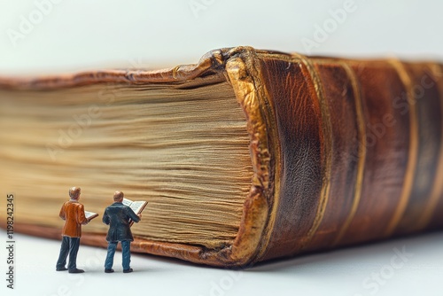 Two miniature figures marvel at a colossal antique book, its aged pages and leather cover hinting at untold stories within.