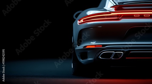 Back view of LED headlights on black metallic sedan car shining on dark background. Sport car backlight. Flashing brake light, stop lamp indicator. Night driving, safety concept. Generic modern design
