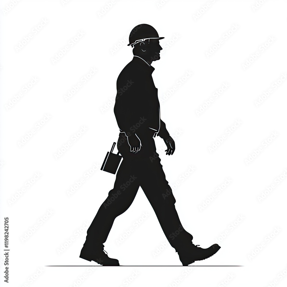 Fototapeta premium Silhouette of a Construction Worker Walking: A Black and White Illustration of a Man in Hard Hat and Work Clothes