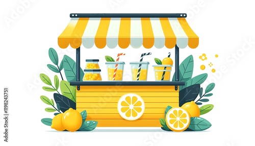 flat illustration of a refreshing lemonade stand with bright yellow lemons and a cheerful striped awning isolated on white background