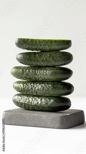 A unique stack of cucumber slices showcasing creativity and balance. The vibrant green color contrasts beautifully with the stone base. A fresh take on food presentation. Generative AI photo