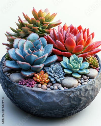 [Succulent Gardens landscaping tips] Cactus Arrangement in Oval Stone Pot with Rocky Elements and Pebbles photo