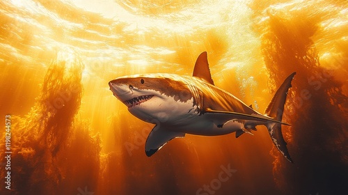 [Orangecolored shark in murky waters] Orange-Hued Shark in Turbulent Waters Amidst Coral Formations photo