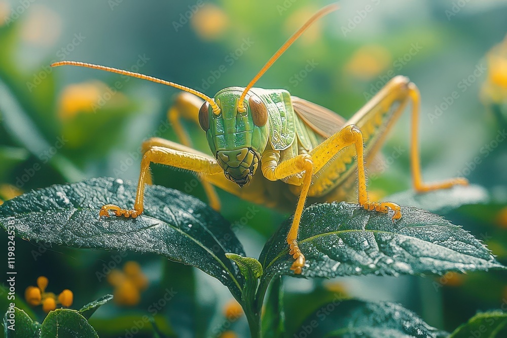 Fototapeta premium close-up of a grasshopper perched on vibrant green leaves, showcasing its intricate features and textures in a natural setting, bringing to life the beauty of small creatures