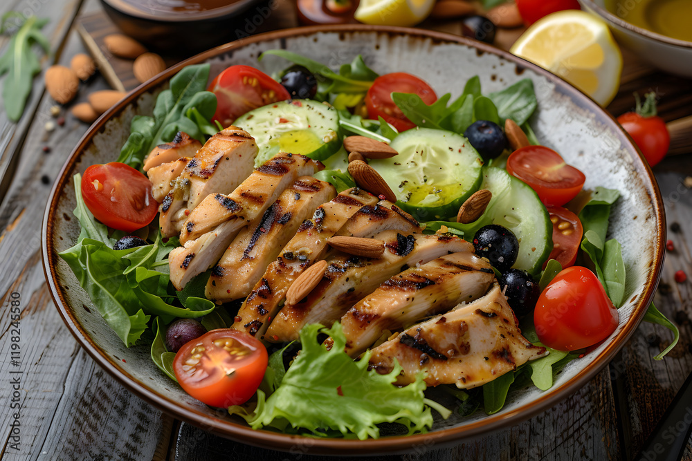 Delightful Low Carb Grilled Chicken Salad with Fresh Veggie Mix, Berries and Nuts Ensemble Delightful Low Carb Grilled Chicken Salad with Fresh Veggie Mix, Berries and Nuts Ensemble