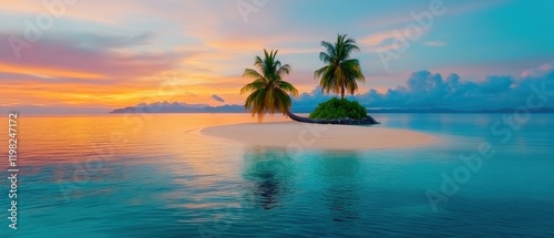 [serene tropical island sunset scene] Tropical Sunset Serenity Island Amidst Gentle Ocean Waves