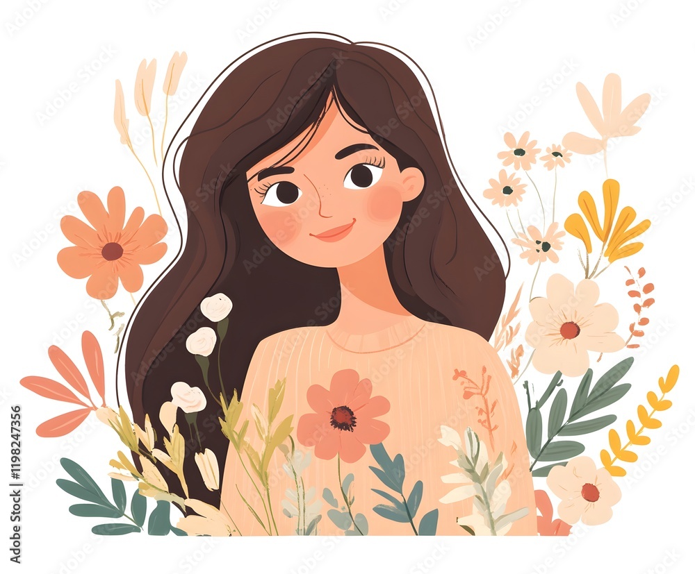 Girl with Long Brown Hair Surrounded by Flowers Girl with Long Brown Hair Surrounded by Flowers