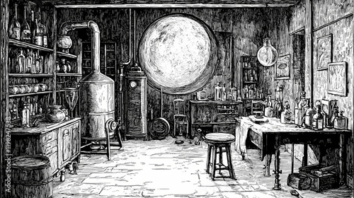 Moonshine distillation. distillery whiskey, gin, vodka or moonshine vintage engraving. alembic - moonshine - alcohol. moonshade. illustration. Moonshade. Illustration photo