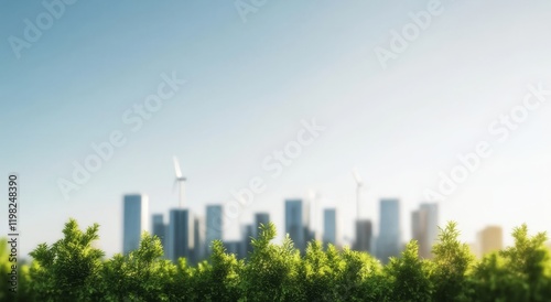 Modern Green City Skyline with Wind Turbines and Natural Vegetation Under a Bright Blue Sky