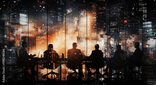 Group of Business People Sitting Around an Office Table with a Cityscape Background at Night