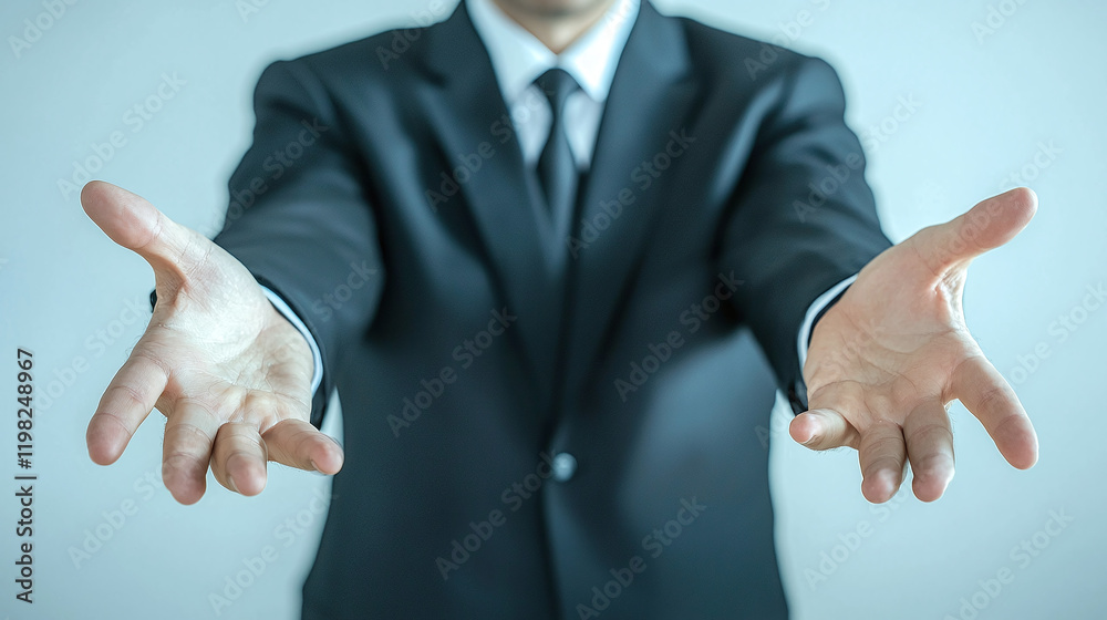 Obraz premium sharp and modern half length portrait of man in suit with outstretched hands, conveying welcoming gesture. background is neutral and professional