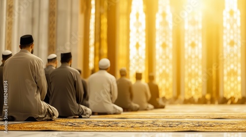 Group of Muslim Men Kneeling in Grand Mosque During Prayer with Beautiful Light Streaming In