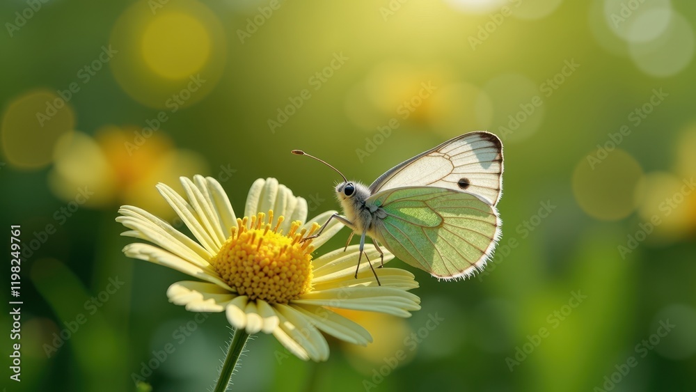 A delicate butterfly graces a daisy, its white body juxtaposed against vibrant green wings speckled with subtle black. Wings gracefully unfurled, it gazes leftward in serene repose