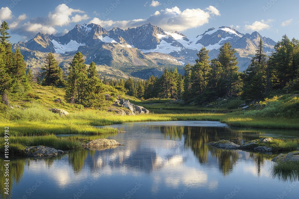 Serene mountain lake reflecting snow-capped peaks under a partly cloudy sky. Serene mountain lake reflecting snow-capped peaks under a partly cloudy sky.