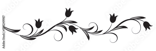 Floral ornament with flowers, leaves and abstract lines. Decorative element for decor and greeting or invitation card design.