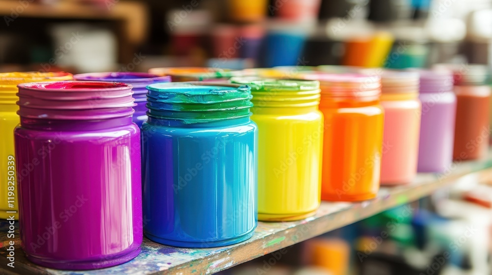 Colorful Paint Jars on a Shelf in Art Studio Colorful Paint Jars on a Shelf in Art Studio