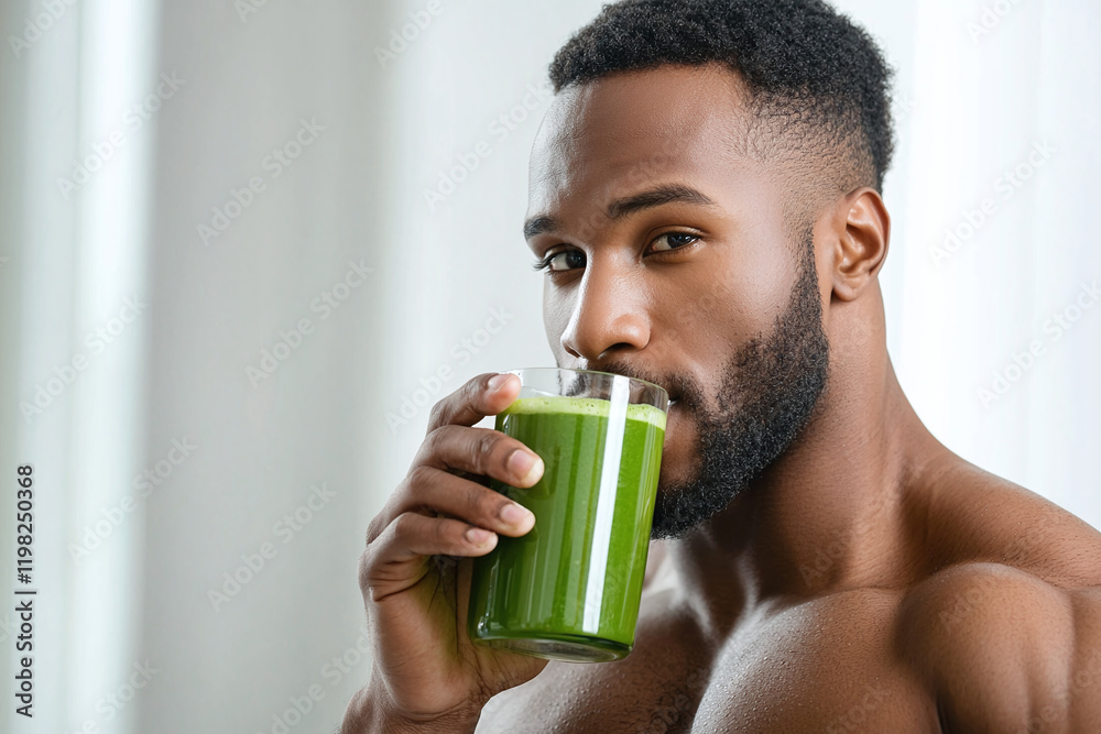 Healthy man enjoying green juice, showcasing fitness and wellness. His strong physique and focused expression highlight commitment to nutritious lifestyle Healthy man enjoying green juice, showcasing fitness and wellness. His strong physique and focused expression highlight commitment to nutritious lifestyle