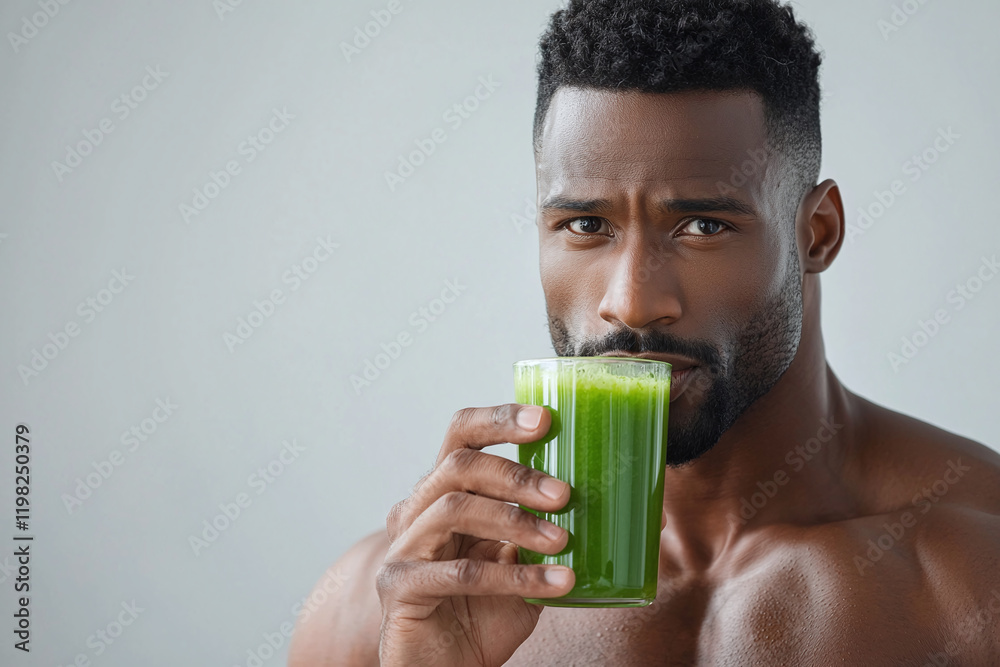 Sculpted man enjoying green juice, showcasing fitness and health. His focused expression reflects commitment to wellness and nutrition Sculpted man enjoying green juice, showcasing fitness and health. His focused expression reflects commitment to wellness and nutrition