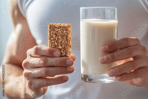 Healthy bodybuilder holding protein bar and glass of milk, showcasing fitness and nutrition. This emphasizes strength and balanced diet for active lifestyle photo