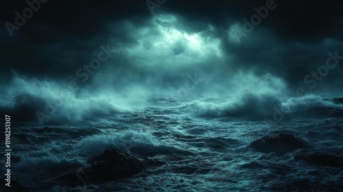 Turbulent Ocean Waves at Night, Dark and Dramatic Seascape