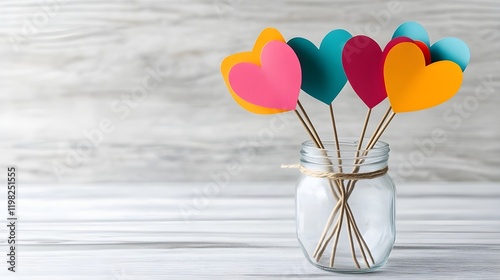 Colorful paper hearts arranged in a glass.