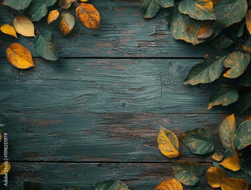 An autumn-themed background with vibrant leaves on a rustic wooden board photo