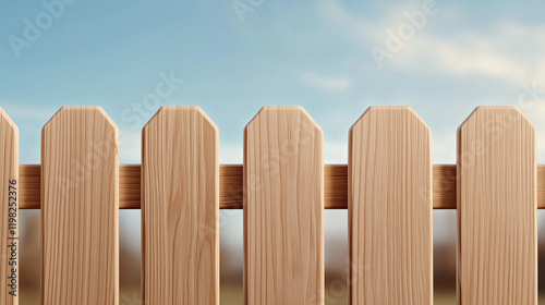 Elegant wooden picket fence against a serene blue sky providing a sense of privacy and tranquility in a peaceful outdoor setting