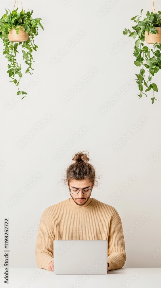 Man Working on Laptop with Indoor Plants Decor Man Working on Laptop with Indoor Plants Decor