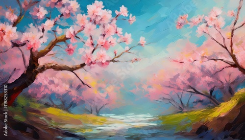 Wallpaper Mural Beautiful Oil Painting Illustration Cherry Blossoms in Soft Pastels against a Tranquil Backdrop, Embracing the Serene Beauty of Spring. Torontodigital.ca