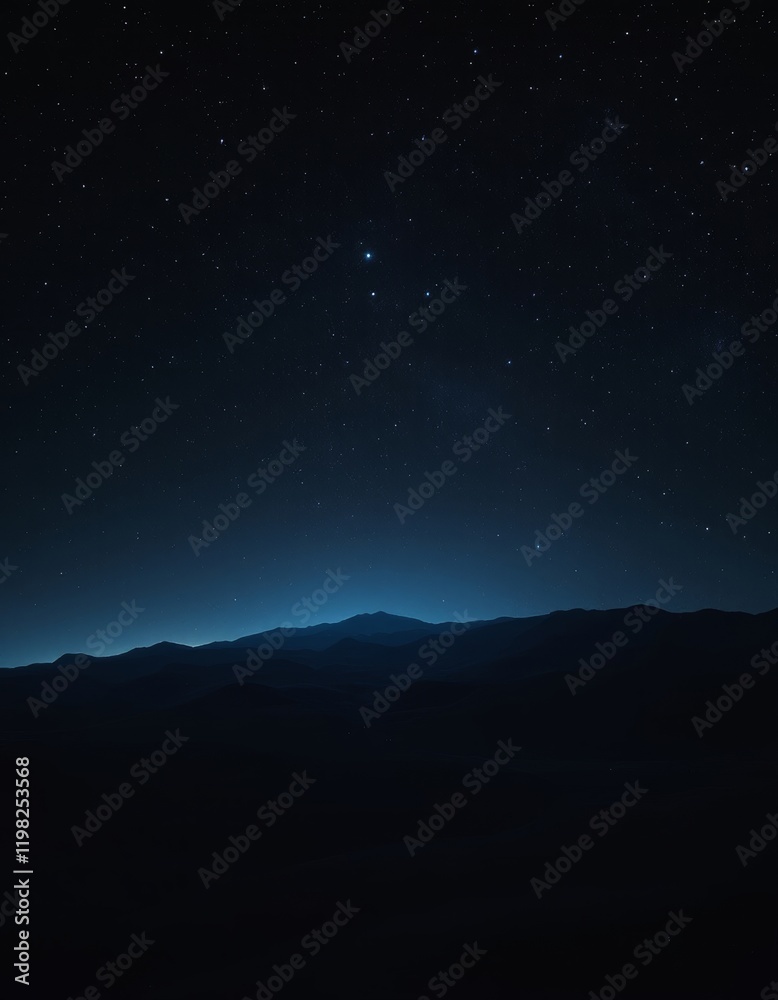 A serene night sky with stars and mountains silhouettes under a deep blue twilight glow A serene night sky with stars and mountains silhouettes under a deep blue twilight glow